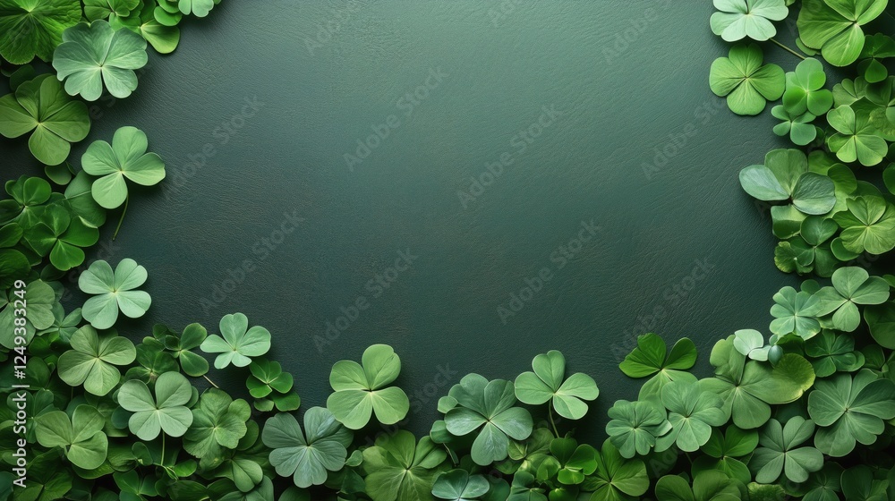 Poster green clover leaves arranged in a circular pattern on a dark background