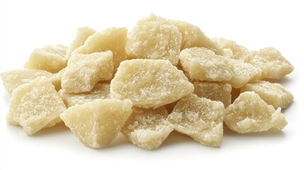 Pile of cubed candied ginger on white background