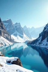 Snow-covered mountains with frozen lake in the foreground, frozen landscape, frozen terrain
