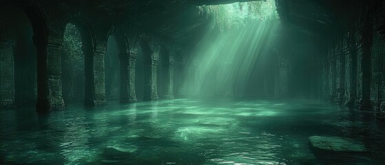 A serene underground water chamber illuminated by ethereal light rays.