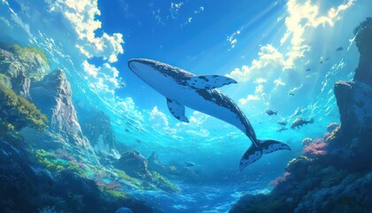 Naklejka premium Whale majestically glides through vibrant underwater paradise beneath the sky