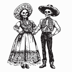 Mexican Skeleton Couple Stock Illustrations isolated on white background.