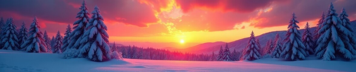 Snow-covered trees against a bright and colorful sunset, sunset, colorful