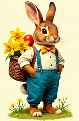 A rabbit in a shirt with a bow tie and a blue overalls stands in full growth, basket with spring flowers, Easter eggs, looks to the left. Postcard, banner, illustration for an article, book.