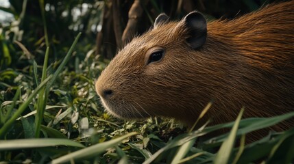 Fototapeta premium Close-Up of Capybara in Natural Habitat Among Green Grass and Plants