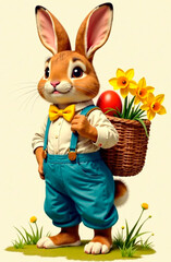 A rabbit in a shirt with a bow tie and overalls stands in full growth, basket with spring flowers, Easter eggs, half a turn to the right. Postcard, banner, illustration for an article, book.