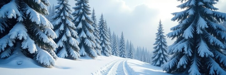 Snow-covered trees with branches heavy with weight, coniferous tree, cold climate, snow-covered foliage