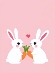 Obraz premium Cute Rabbits with Carrots on Pink Background - Adorable illustration of two cheerful rabbits holding carrots against a soft pink background, perfect for cute designs and love themes.