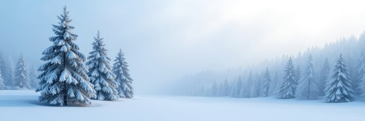 Obraz premium Snow-dusted pine trees shrouded in white haze, winter, frost, trees