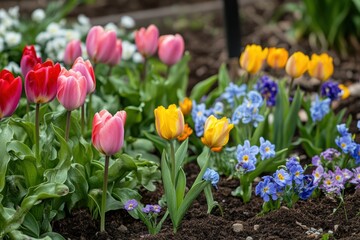 Fototapeta premium Planting vibrant spring flowers in a beautifully arranged flowerbed