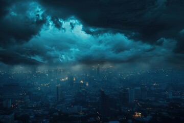 Obraz premium Cityscape at night under dramatic storm clouds