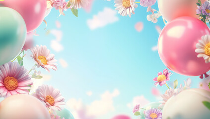 Spring flowers and balloons framing a blue sky with copy space