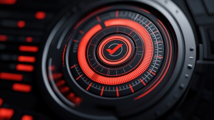 A futuristic, circular interface with vibrant red and black colors, showcasing a digital display with a checkmark symbol in the center.