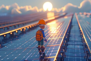 A cartoon worker explores a vibrant solar farm at sunrise.