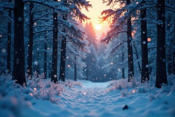 Snowflakes gently falling on a serene winter forest landscape at dusk, enchantment, forest, mystical