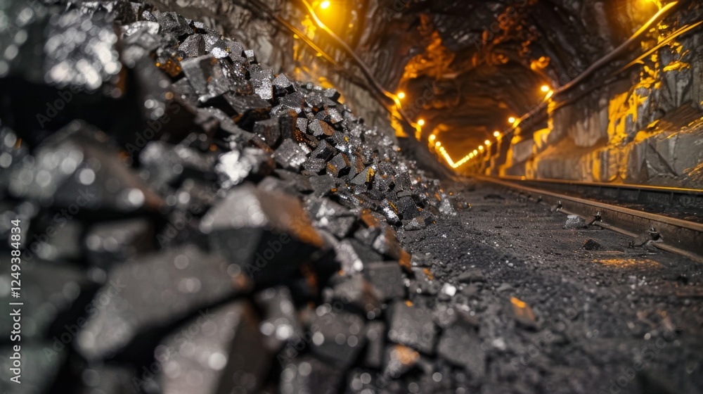 Poster A view down a coal mining tunnel featuring piles of coal on the ground and illuminated by bright orange lights, showcasing the industrial environment and atmosphere of coal extraction.
