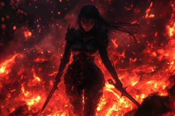Armored warrior wielding swords stands amidst a fiery landscape