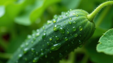 Fresh Cucumber Glistening With Water Droplets in a Garden Setting During Summer