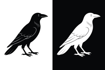 Dark and Elegant Crow Bird Icon Black and White Vector.