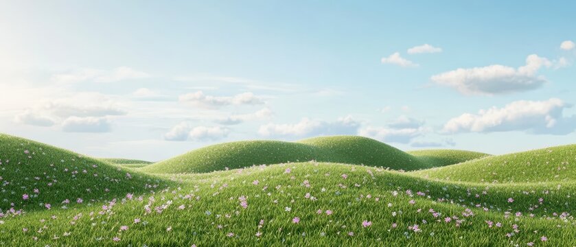 Tranquil meadow landscape with rolling green hills and blue sky