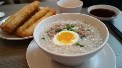 Delicious Bowls of Rice Congee with Egg and Fried Dough Sticks