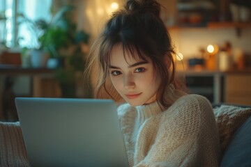 Young woman working on a laptop in a cozy home environment