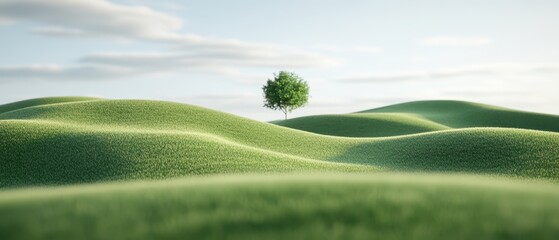 Serene meadow with rolling green hills and lone tree