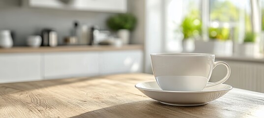 White Coffee Cup on Wooden Table in Bright Kitchen, Minimalist Design, Morning Concept