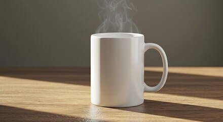 Cozy White Ceramic Mug Mockup on Rustic Wood with Morning Sunlight & Steam Effect
