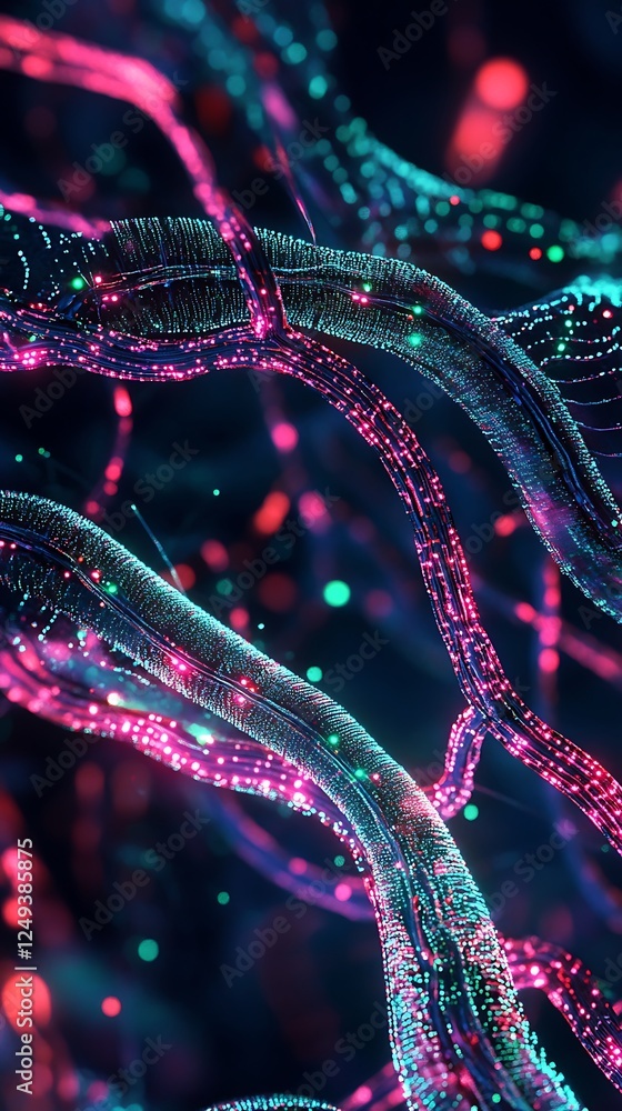 Poster futuristic neural network with glowing digital fibers in a sci-fi cybernetic environment. generative