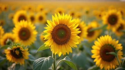 Fototapeta premium Sunlit Sunflower Field Showcasing Vibrant Blooms Under Clear Blue Sky