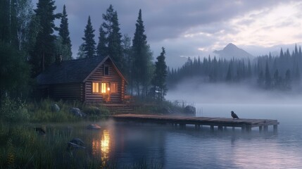 Fototapeta premium Serene Lakeside Retreat at Sunset. Cozy lakeside cabin, misty forest, dramatic sunset sky, reflections on water, wooden dock.
