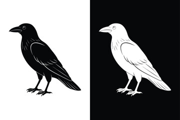 Dark and Elegant Crow Bird Icon Black and White Vector.