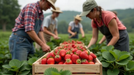 Strawberry Harvest in Rural Farm With Workers Gathering Fresh Produce During Summer