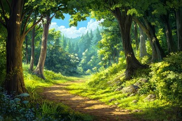 Fototapeta premium Serene natural landscape featuring a forest trail alongside a calm, reflective body of water with dense foliage.