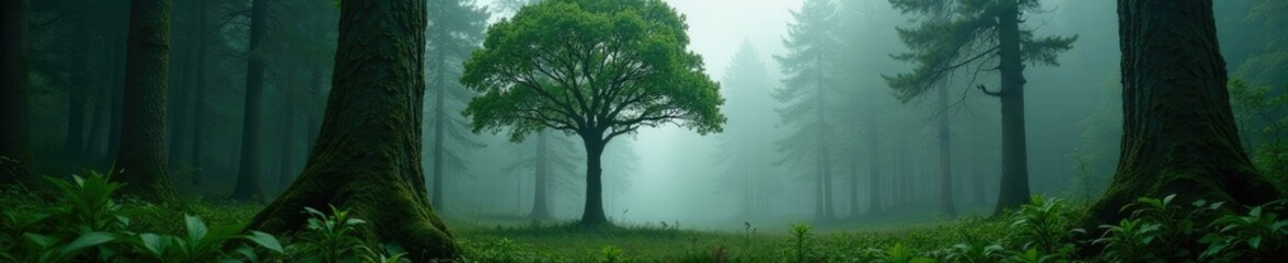Fototapeta premium Towering tree in dense forest with misty atmosphere, green, patagonian trees, nature