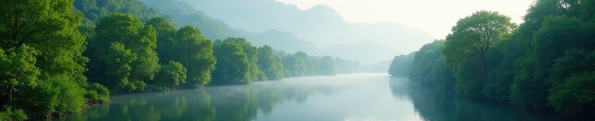 Fototapeta premium Trees growing out of the banks of a river with misty clouds drifting by, clouds, landscape, lush