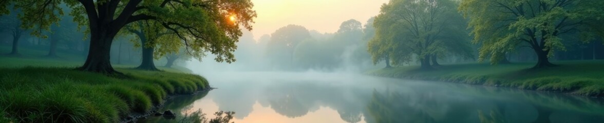 Naklejka premium Trees surrounding a small pond with misty atmosphere, reflection, peacefulness