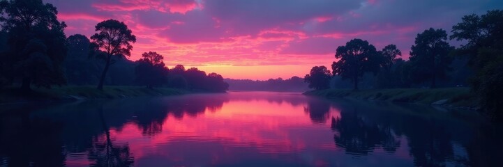 Obraz premium Twilight colors in calm river with trees along the shore, twilight, calm