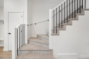 Fototapeta premium A staircase with a railing and a white door in the background