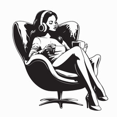 Young Woman Sitting on a Chair Wearing Headphones and Enjoying a Cup of Coffee image vector