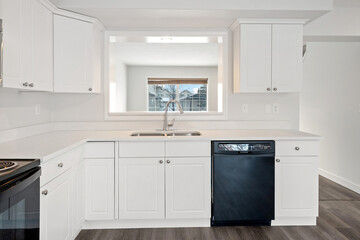 A kitchen with a black dishwasher and white cabinets