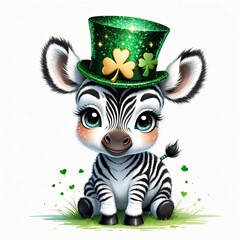 Cute zebra wearing a green St. Patrick's Day hat with shamrocks, celebrating the holiday in a festive, colorful setting with playful decorations