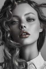 Fototapeta premium Black and White Editorial Beauty Fashion Portrait of a Woman with a Thick Braid – Supermodel Photoshoot