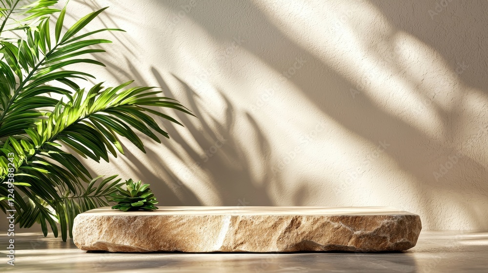 Poster a serene setting featuring a stone platform beside lush greenery, illuminated by soft shadows on a m