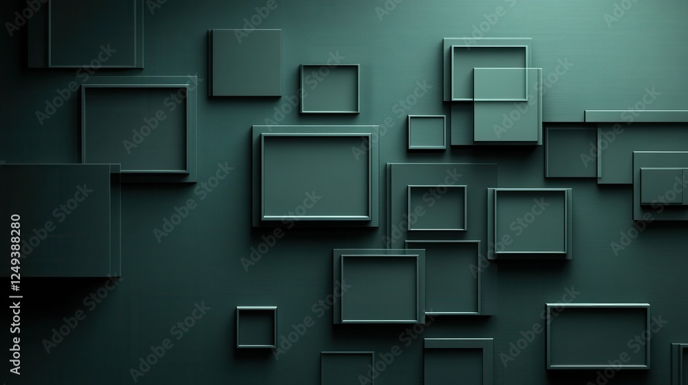 Poster abstract green squares, 3d render, dark background, design element