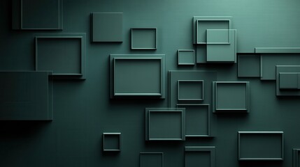Abstract green squares, 3D render, dark background, design element