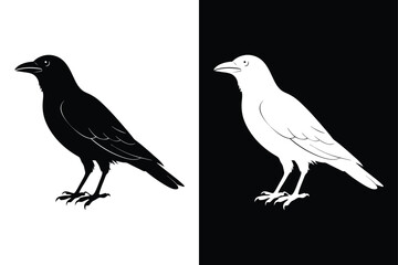 Minimalist Crow Silhouette Vector Icon in Black & White.