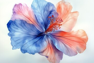 Colorful hibiscus flower with blue and pink petals against a white background