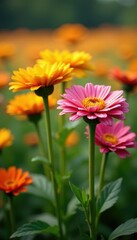 Unique chrysanthemum stems with long yellow and pink flowers, chrysanthemums, field flowers, nature